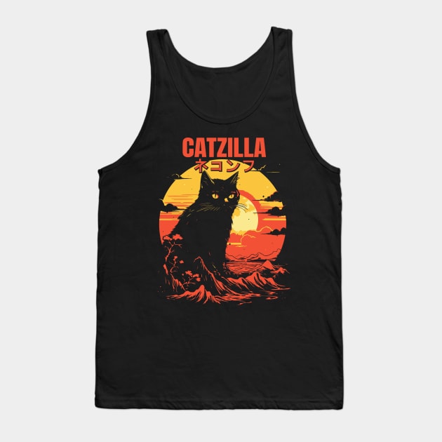 Catzilla Japanese Kanji Retro Mountain Sunset Cat Lover Tank Top by rhazi mode plagget